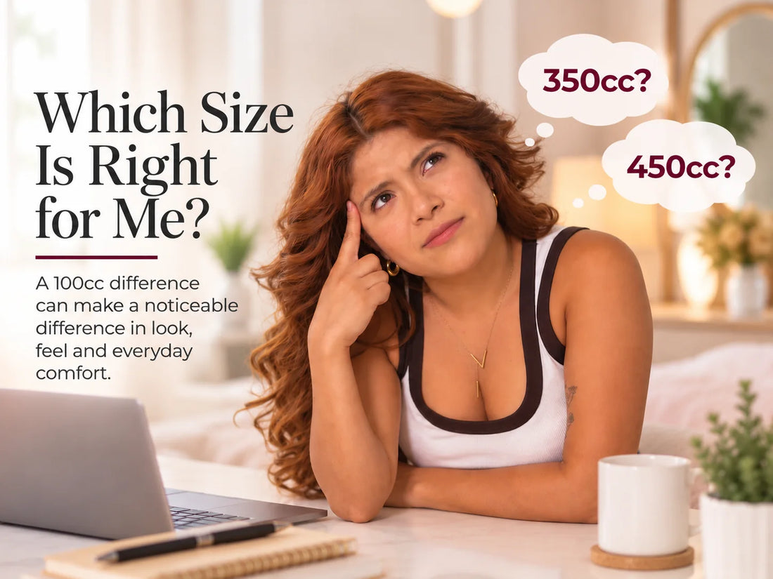 Woman deciding between 350cc and 450cc breast implant sizes before surgery