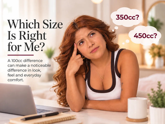 Woman deciding between 350cc and 450cc breast implant sizes before surgery