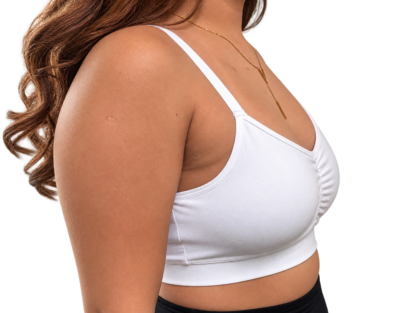 Model wearing 200cc Oumènta breast implant sizers in a pocket bra