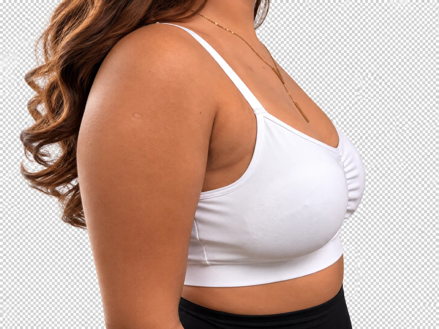 Model wearing 400cc Oumènta breast implant sizers