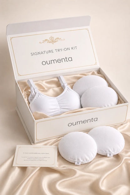 Breast augmentation sizer kit by Oumènta including sizers and pocket bra.