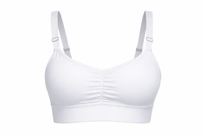 White Oumènta pocket bra with built-in pockets designed to hold breast implant sizers for at-home breast augmentation sizing.